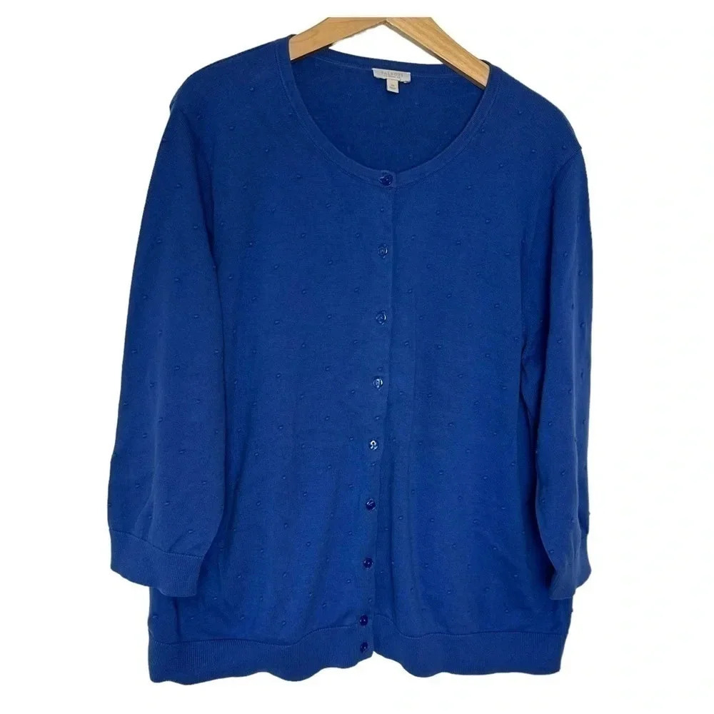 Talbots 3X blue cotton button down cardigan with raised dots